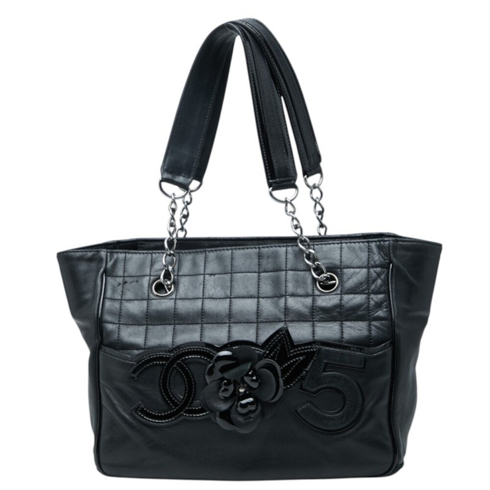 Chanel Coco Mark Camellia Chocolate Bar Chain Tote Bag Handbag Black Lambskin...